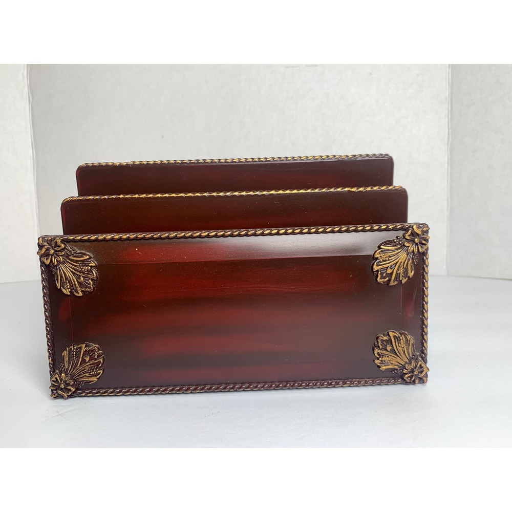 Vintage Mahogany Style Letter Organizer Gold Acanthus Leaf Desk Mail Sorter 8in